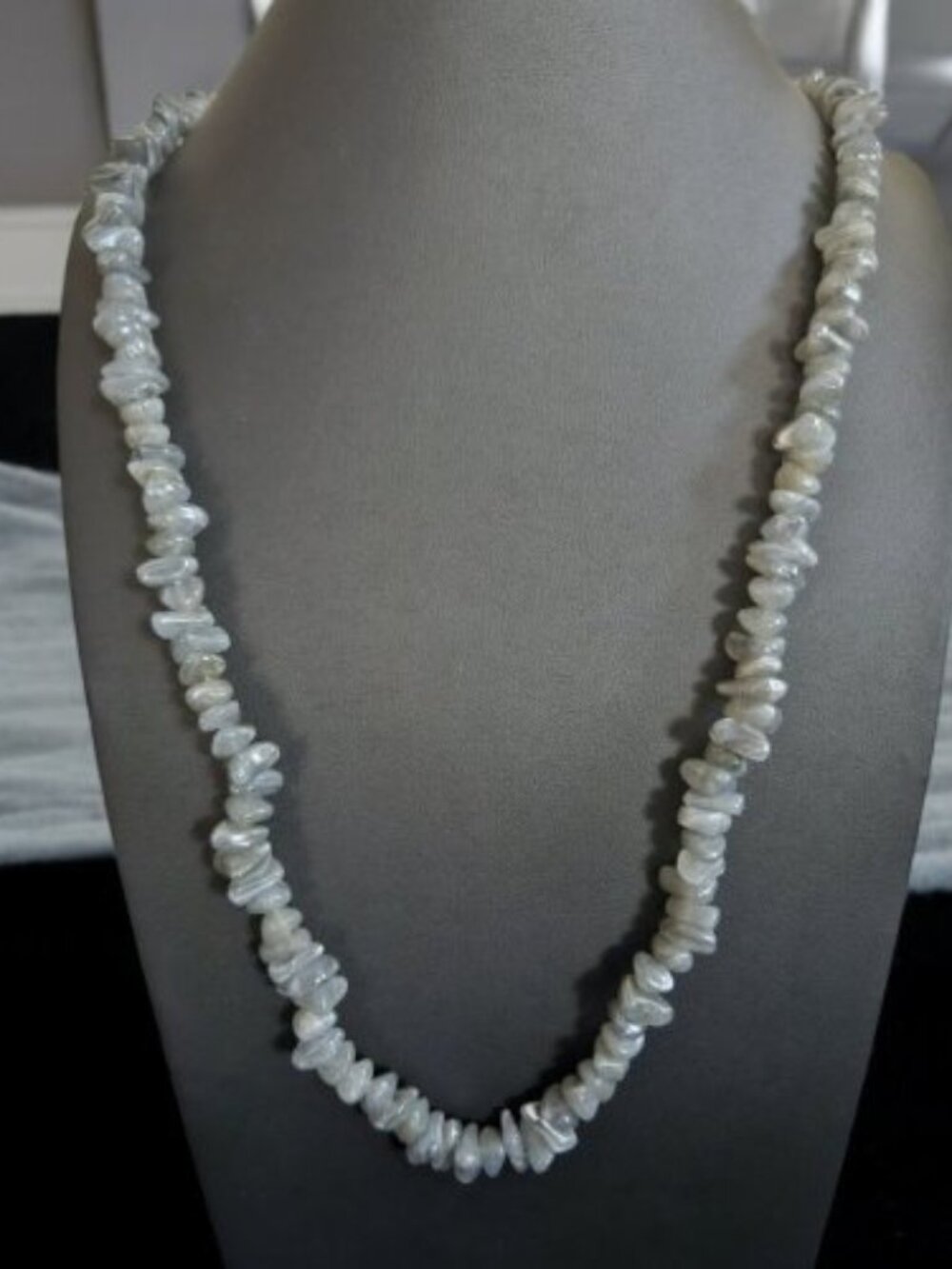 Vintage Blue Gray Lucite Stone Necklace 36” Long